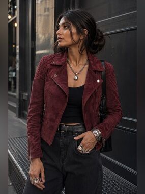 Express Genuine Suede Moto Jacket Burgundy Wine Quilted Biker Small